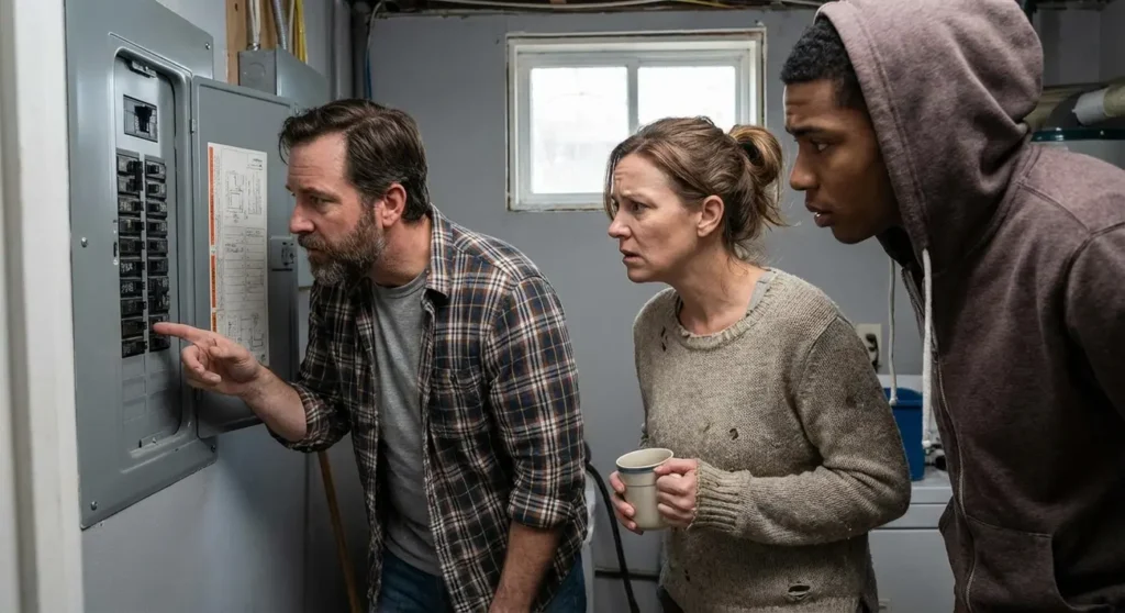 Disjuntor elétrico desarmado no quadro de força, com fiação colorida ao fundo.