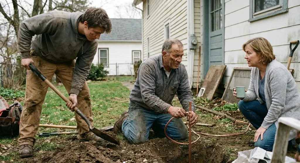 Eletricista trabalhando na instalação de um sistema de aterramento elétrico residencial, garantindo segurança.