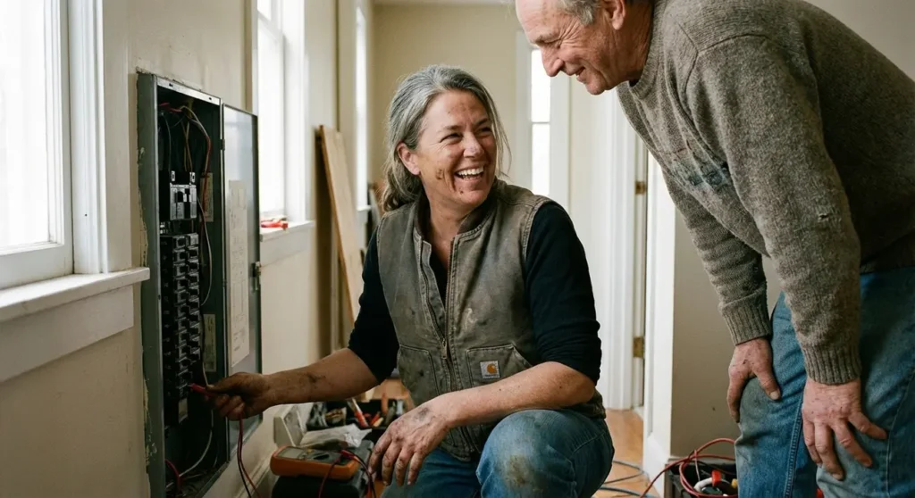 Eletricista com EPI verifica painel elétrico, símbolo de manutenção preventiva para segurança.