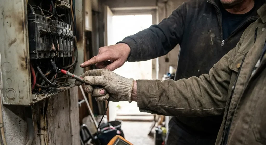 Eletricista verificando painel elétrico com sinais de risco de incêndio, reforçando a segurança residencial.